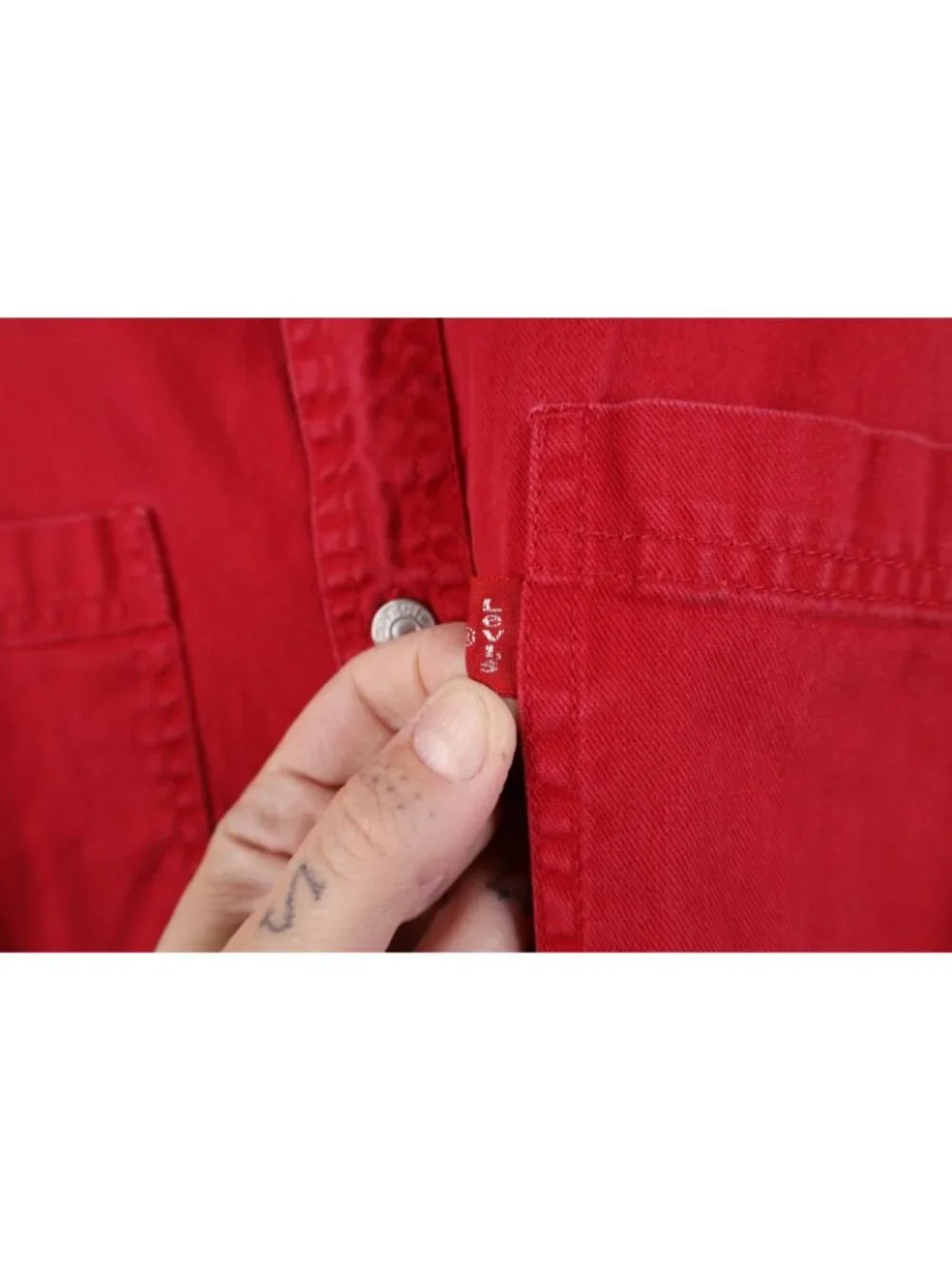 Vintage 90s Levis Mens Medium Distressed Collared Denim Jean Button Shirt Red